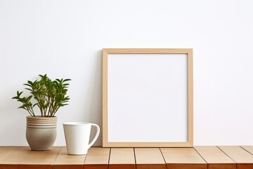 White Photo Frame Mockup Template Design With Plants On The Side