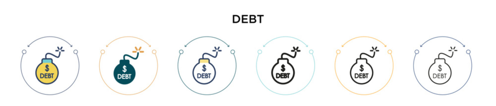 Debt icon in filled, thin line, outline and stroke style. Vector illustration of two colored and black debt vector icons designs can be used for mobile, ui, web