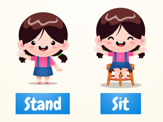 Cute Girl Cartoon Example Of Opposite Word Antonym Stand And Sit