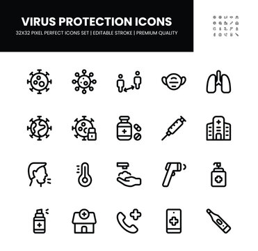 Virus protection icons set in 32 x 32 pixel perfect with editable stroke