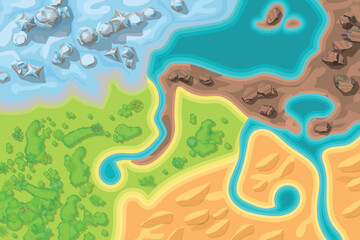 Vector illustration of a coastal landscape, with rocks, rivers, shore, plants. View from above. Top view.