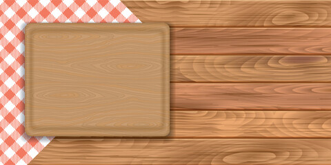 Vector illustration of a cutting board on a  red and white plaid linen napkin on a brown wooden table. Top view.