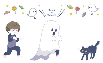ハロウィンのかわいいおばけに仮装した男の子のイラスト