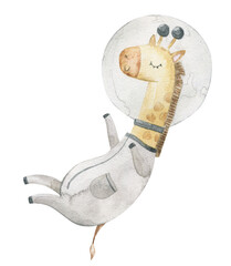 Animals  astronaut adventures in space. Hand drawn watercolor space illustration. Dreamy adventurous fun cartoon for children cosmic exploration. Watercolor style illustration © Ilona