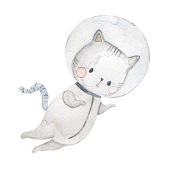 Animals  astronaut adventures in space. Hand drawn watercolor space illustration. Dreamy adventurous fun cartoon for children cosmic exploration. Watercolor style illustration