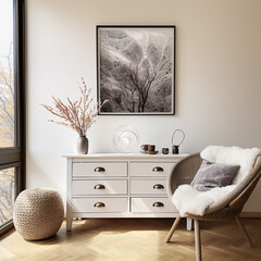 Modern interior design in pale beige and gray colors with classic style furniture and picture at wall. Generative Ai.