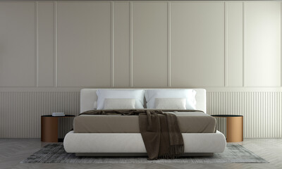 Modern bedroom and beige pattern wall texture background interior design, mock up room, furniture decor, 3d rendering.