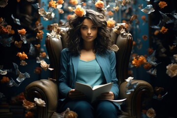 Obraz na płótnie Canvas a woman is sitting in a chair reading a book