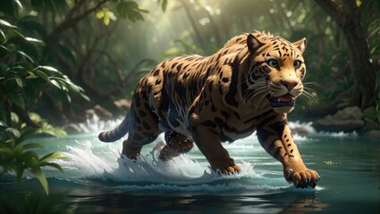 "Graceful Panther: Jungle's Water Ballet"
