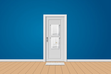 Vector Realistic Illustration Of Interior With White Towels Hanging On Hanger On Door In Bathroom Modern