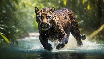 "Graceful Panther: Jungle's Water Ballet"