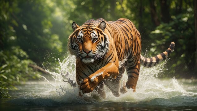 A powerful tiger sprints gracefully on water, surrounded by the lush greenery of the forest.