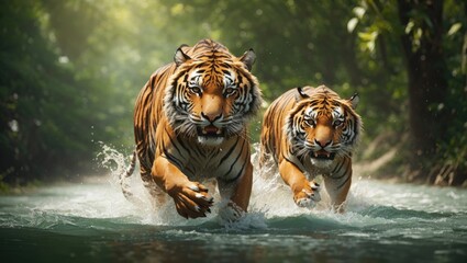 A powerful tiger sprints gracefully on water, surrounded by the lush greenery of the forest. - obrazy, fototapety, plakaty
