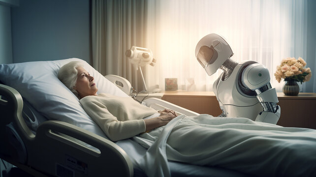 An old patient woman is lying on the hospital bed covered with a bedsheet. A humanoid robot nurse anxiously looking at the old woman listening to her. Image created with Generative AI