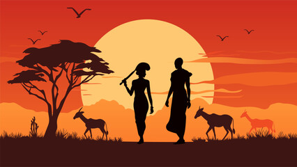Fototapeta na wymiar African landscape. Silhouettes of men and women representatives of the indigenous peoples of Africa against the backdrop of a beautiful sunset. Safari. Wildlife and animals of Africa. 