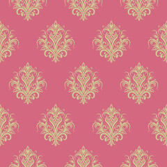 Damask floral brown motif pattern on a pink background. Luxury wallpaper texture ornament decor. Baroque Textile, fabric, tiles.
