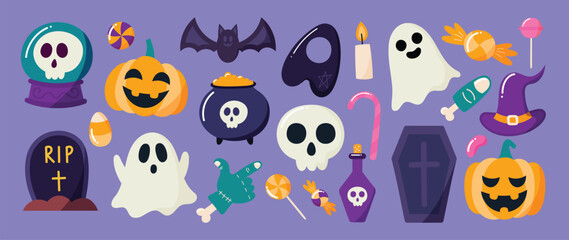 Obraz premium Happy Halloween day element background vector. Cute collection of spooky ghost, pumpkin, bat, lollipop, cauldron, coffin, grave, skull. Adorable halloween festival elements for decoration, prints.