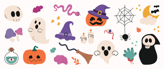 Obraz premium Happy Halloween day element background vector. Cute collection of spooky ghost, pumpkin, bat, lollipop, spider, skull, snake, spirit. Adorable halloween festival elements for decoration, prints.