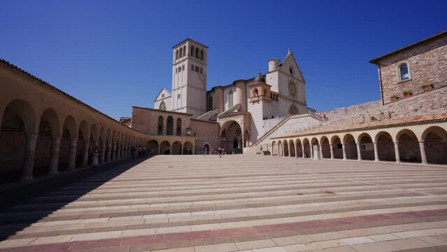 The lower plaza towards the beautiful Basilica of St Francis of Assisi, Umbria, Italy.