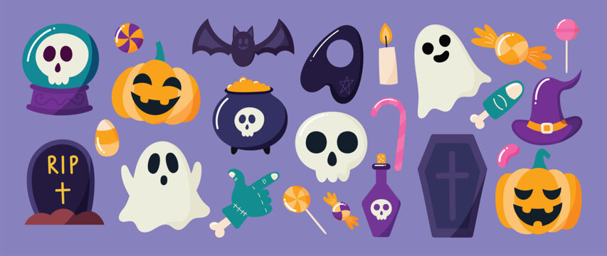 Happy Halloween day element background vector. Cute collection of spooky ghost, pumpkin, bat, lollipop, cauldron, coffin, grave, skull. Adorable halloween festival elements for decoration, prints.