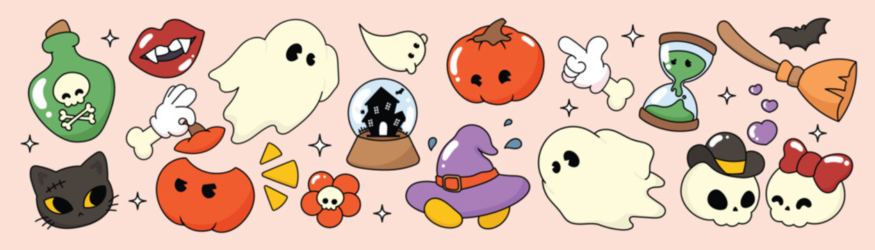 Happy Halloween day 70s groovy vector. Collection of ghost characters, doodle smile face, pumpkin, skull, broom, cat, witch hat, bat, hand. Cute retro groovy hippie design for decorative, sticker.