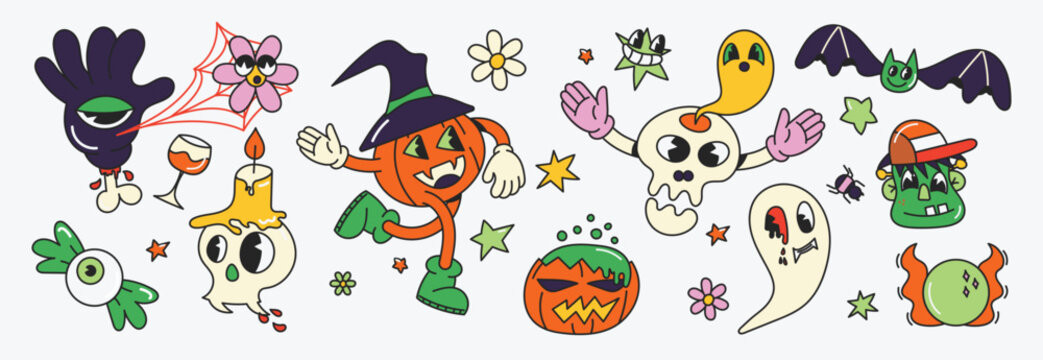 Happy Halloween day 70s groovy vector. Collection of ghost characters, doodle smile face, pumpkin, skull, spider, wine, candle, bat, zombie. Cute retro groovy hippie design for decorative, sticker.