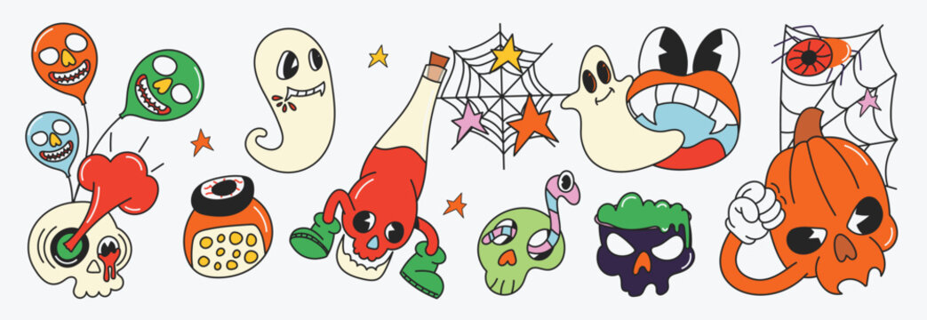 Happy Halloween day 70s groovy vector. Collection of ghost character, doodle smile face, pumpkin, skull, spider, spirit, worm, poison, balloon. Cute retro groovy hippie design for decorative, sticker.