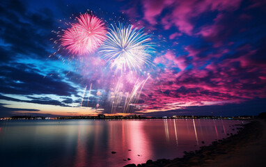 Beautiful blue and pink fireworks display lights up the sky with dazzling display during new year