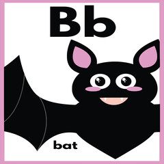 Cute children zoo alphabet B letter tracing of flying colorful Bat with bow for kids learning English vocabulary. 