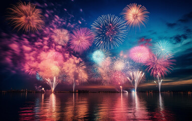 Fototapeta premium Beautiful blue and pink fireworks display lights up the sky with dazzling display during new year