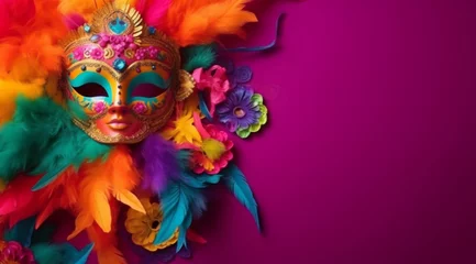 Foto auf Acrylglas Karneval Colorful Brazilian carnival mask on a pink background, created with Generative AI technology.