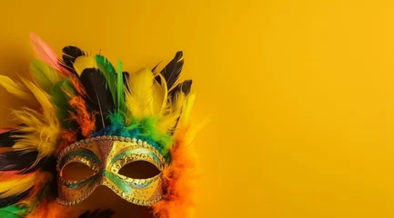 Foto auf Acrylglas Karneval Colorful Brazilian carnival mask on a yellow background, created with Generative AI technology.