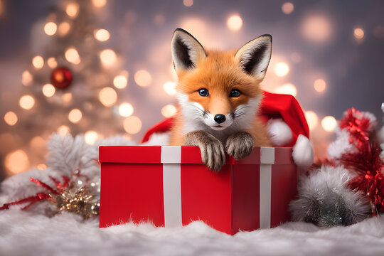 little fox in a gift box on a christmas background with bokeh