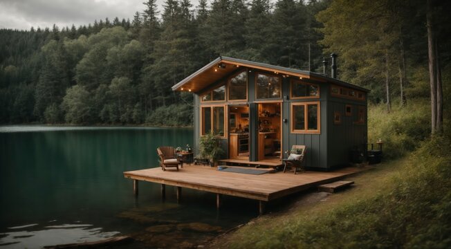 Exquisite scene lakefront tiny house, forest, Sony A7R V 55k
