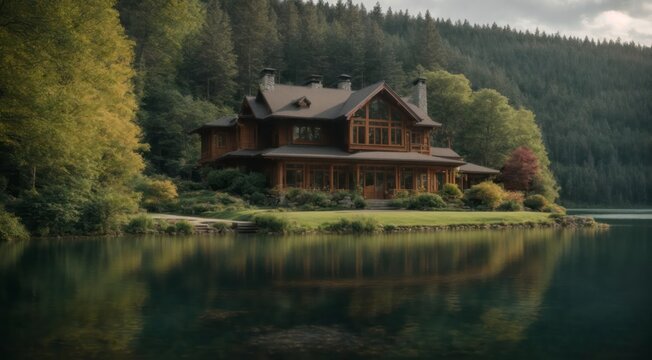 Meticulously detailed house at lake, forest, Sony A7R V 55k