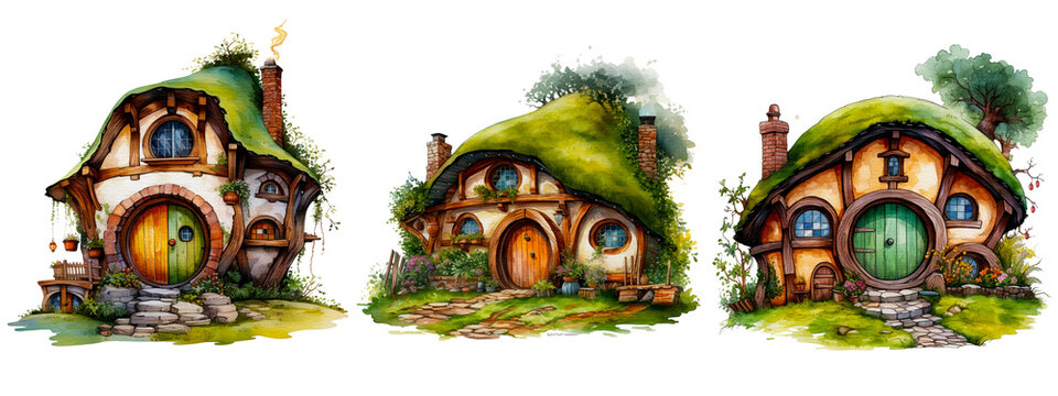 set of a Hobbit house watercolor style isolated on transparent background