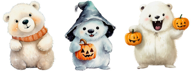 Set of cute Polar bear on Halloween in watercolor