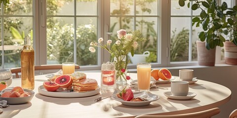 Obraz premium A hearty breakfast, a sunlit start to the day. A kitchen filled with aromas, the promise of a new beginning. 🍽️🌄☀️