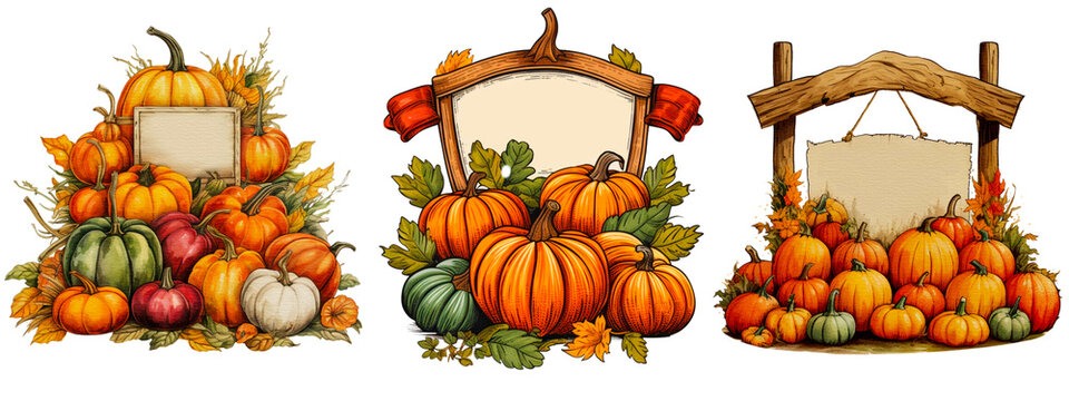 Set of Vintage pumpkin decoration watercolor style. Vintage illustration of a farmer's market sign for a pumpkin patch isolated on transparent background, png 