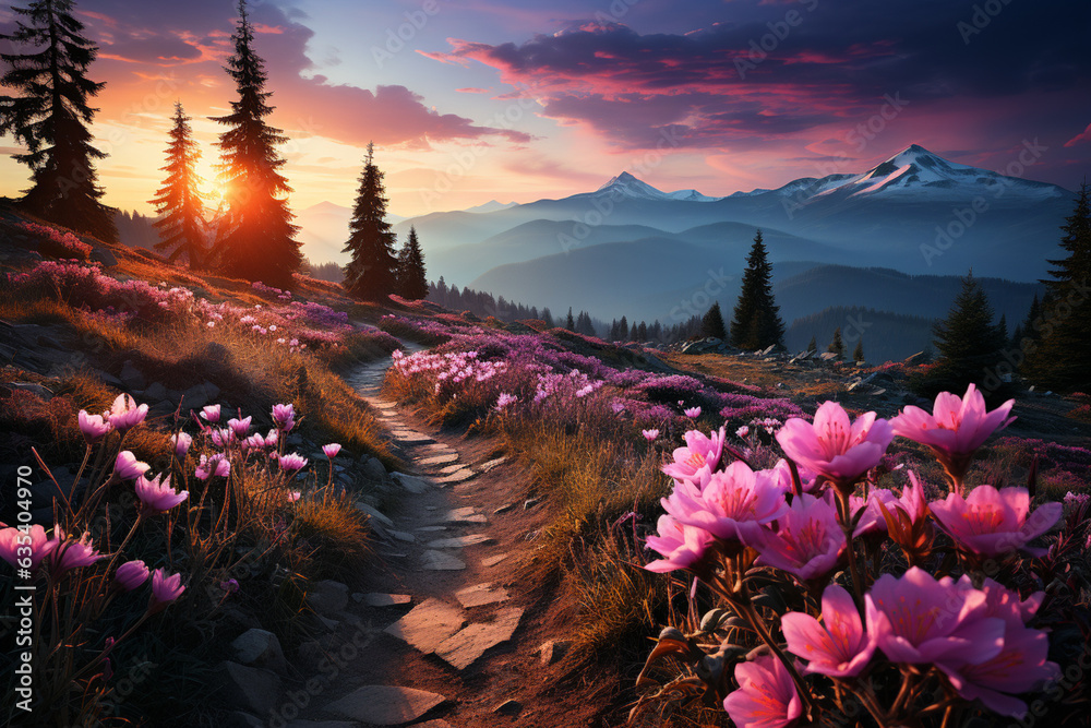 Poster a footpath bordered by vibrant wildflowers, guiding nature enthusiasts on a scenic hike through open