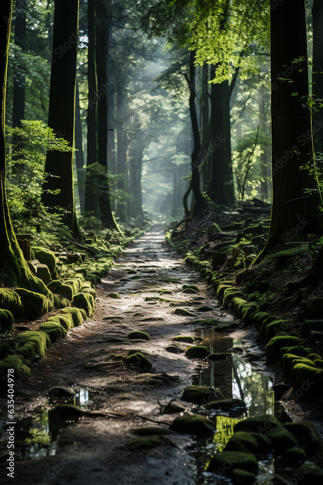 Aufkleber A forest trail illuminated by dappled sunlight filtering through the canopy, creating a sense of mystery and wonder. Generative AI technology.