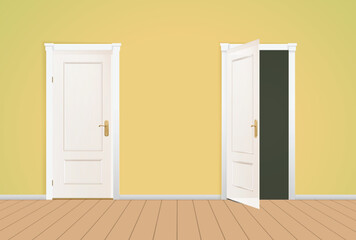 Open door digital vector illustration on a Yellow background. Futuristic science fiction concept of doorway. Technology portal in a polygonal wireframe glowing style