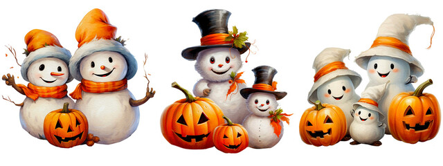 Set of watercolor snow man characters isolated on white background in Halloween with pumpkins, snowman with Jack o lantern. Generative ai.