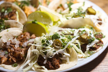 Party plate of authentic Mexican meat taco - carne asada, carnitas and barbacoa
