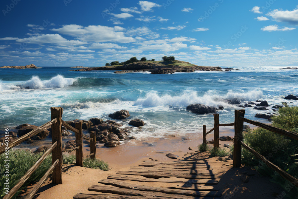 Poster a wooden boardwalk leading to a secluded beach, with soft sand and sparkling waves in the distance. 