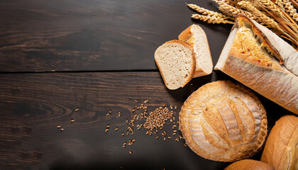 bread loaves and sliced ​​bread with wheat seeds placed on a dark brown wooden table on a black...