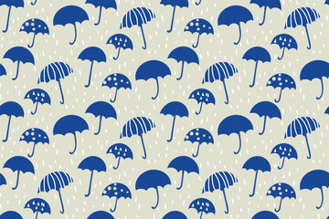 Umbrellas seamless pattern with Set of different umbrella silhouette in a simple hand-drawn style and a blue-white  color palette.Autumn-summer weather, rainy season. Vector graphic design.
