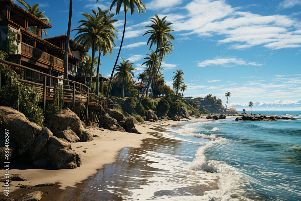 Poster A row of tall palm trees lining a beach boardwalk, guiding beachgoers towards the sandy shores and crashing waves.  Generative AI technology.