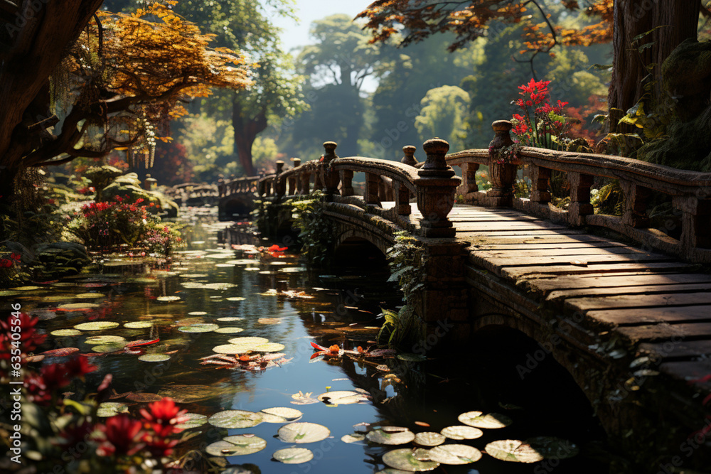Aufkleber A wooden bridge extending over a tranquil pond, inviting exploration of a serene and secluded nature spot  Generative AI technology.