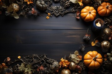 Top view shot table with decorate Halloween with blank space.